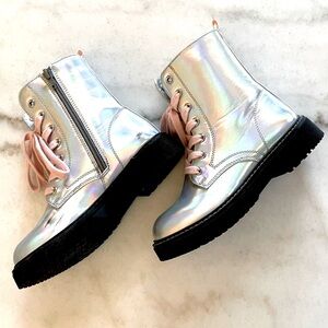 Bella & Birdie Holographic Combat Boots with Pink Laces